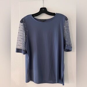 Adrianna Papell Blue Puff-Sleeve Embroidered Top